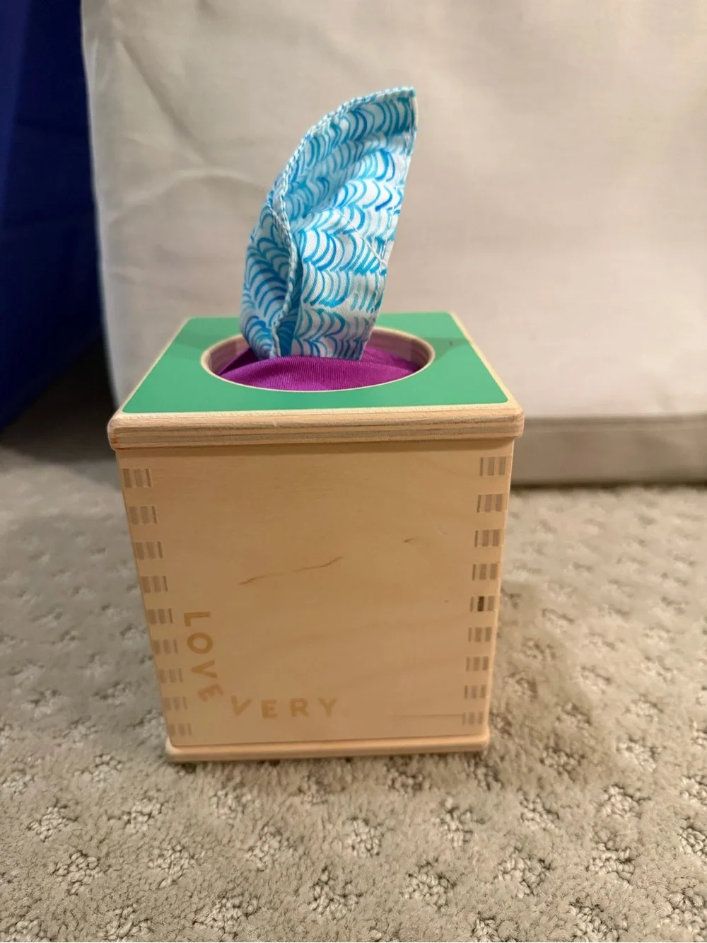 Sensory Pull-Through Learning Toy with Purple Insert and Colorful Fabric Squares
